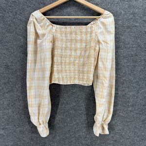 Romesa Cropped Top Women S Small Beige Plaid Long Sleeve Square Neck Stretch